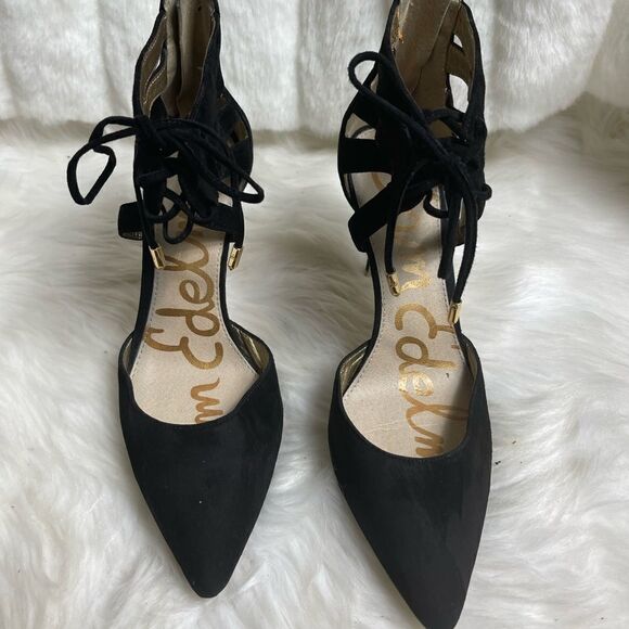 Sam Edelman black leather suede ankle lace up heels with back zipper size 8M - Picture 2 of 6